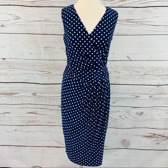 Chaps Dresses & Skirts - Chaps navy and white polka dot dress ruched front
